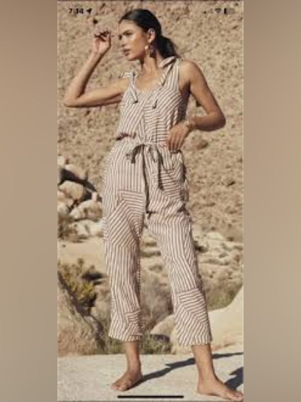 Mister Zimi Lila Striped Tie-Shoulder Jumpsuit - Brown/White Linen Blend